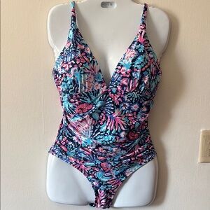 Pink and Blue One Piece Swimsuit with Plunging V-Neckline